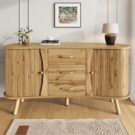 Credenza in MDF naturale 150 x 36,5 x 75 cm, 2 ante scorrevoli, 3 cassetti, ripiani regolabili