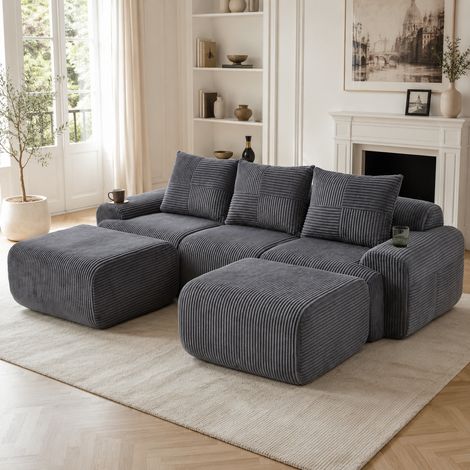Canapé Modulable 3 Places en Velours Côtelé avec 2 Poufs et Porte-Gobelet Gris Foncé -PANGIVO (1/5)