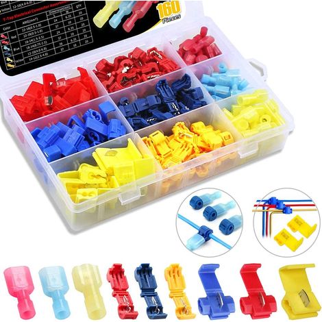 160-teiliges elektrisches Schnellverbinder-Set, 60 Stück T-Abzweigverbinder + 60 Stück vollisolierte Klemmenverbinder + 40 Stück Schnellabzweigverbinder (Rot/Blau/Gelb) (1/5)