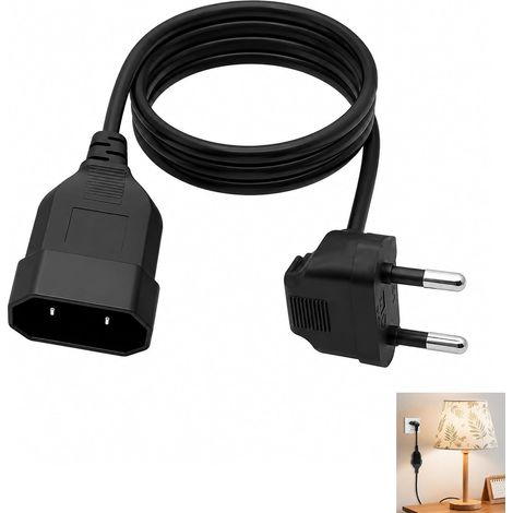 Rallonge Courte 2,5A 250V, Prise Européenne Angle Droit Rallonge Électrique Prise Européenne 0,6 m, Câble Extension H05VV-F 2x0,75 mm², Fiche Plate 90° Gain de Place, Courte pour TV PC Moniteur Lampe (1/5)