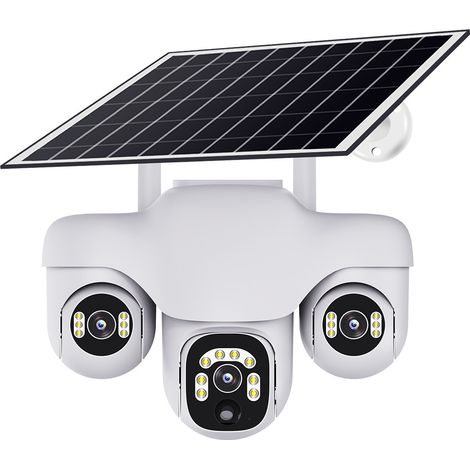Caméra de surveillance solaire WiFi 3 objectifs réels 3 vues simultanées Vision nocturne infrarouge 10m, Audio interphone bidirectionnel, Étanche IP66, Rotation 355° horizontale + 90° verticale, Stock (1/4)