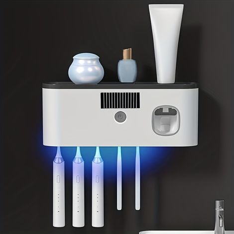 Porte-brosse à dents mural intelligent avec distributeur automatique de dentifrice, 5 emplacements, rechargeable par USB, organisateur de salle de bain moderne (1/5)