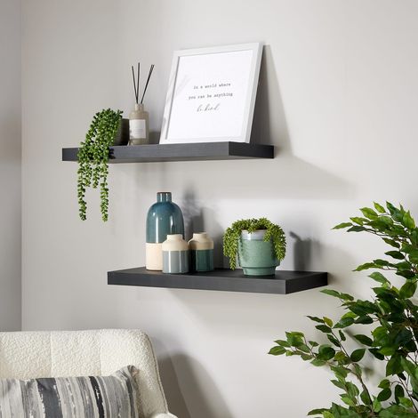Pair Floating Wall Mounted Book Storage Shelf Wooden 60cm Book Matt Black Unit (1/5)