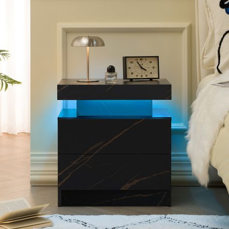 MEUBLIV Table de chevet LED noire et dorée 59x45x20 cm – 2 tiroirs (1/5)