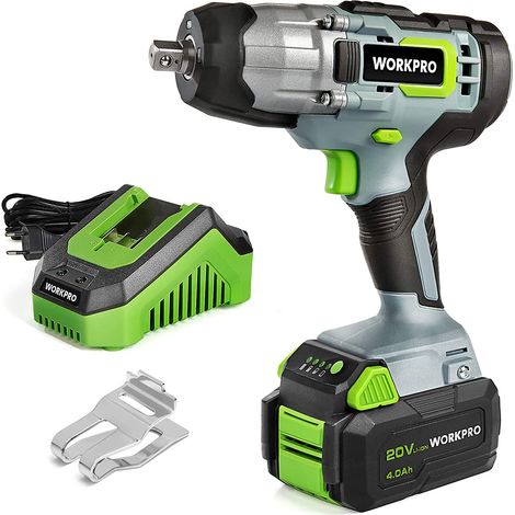 Workpro – Clé à chocs sans fil 20V – Couple 300Nm – Vitesse variable – Batterie 4,0Ah – Lumière LED – Pour réparations automobiles et chantiers