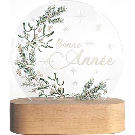 Veilleuse LED “Bonne Année” – Lampe décorative Nouvel An – Acrylique transparent 5 mm sur socle bois – Lumière chaude – 14,5 x 16,5 cm (1/5)
