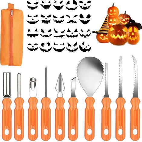 Kürbisschnitzwerkzeug-Set, 10-teilig, mit 20 verschiedenen Motiven und Tragetasche, professionelles Edelstahl-Schnitzwerkzeug für Erwachsene und Kinder (1/5)