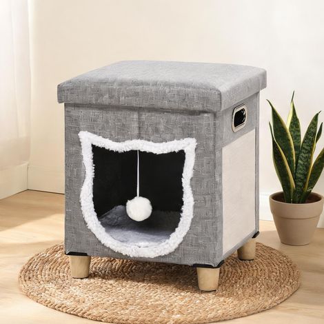 Cache en tissu gris ardoise pour chat avec coussin en MDF (1/5)