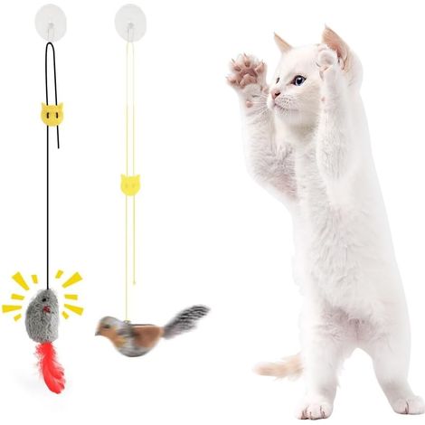 2 Pièces Jouet Interactif pour Chat Auto-Entretenu, Souris et Moineau Suspendus avec Bruit Réaliste, Sans Piles, Queue en Plumes, Fixation Cadre de Porte (1/5)