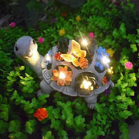 LED Solaire alimenté Lampe de Tortue Papillon succulente, lumière de décoration atmosphère extérieure, Lampe Jardin Tortue résine Mignonne avec des Papillons et des Fleurs succulentes.
