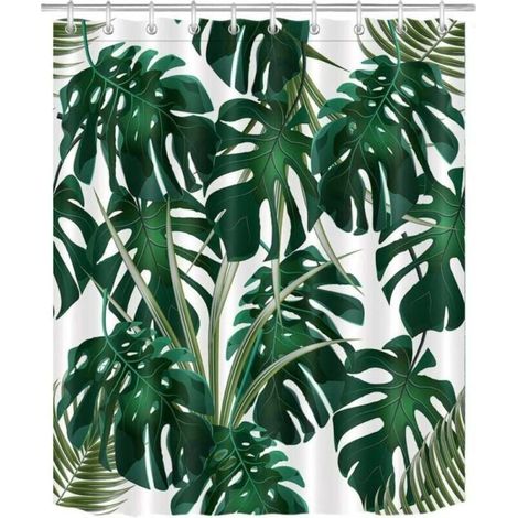 Rideau de douche à motif de feuilles de palmier tropicales (180 x 180 cm), vert monstera, fond blanc, en polyester lavable et résistant à l'eau et à la moisissure, avec 12 crochets. 12 crochets.