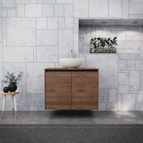 Inda - Badezimmerschrank B.80 mit Aufsatzwaschbecken / Braune Eiche 2 Türen - Saphir