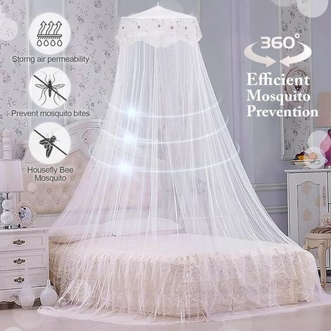 Rideau de lit style princesse convenant aux lits simples à king size, design en dôme de dentelle ronde, installation rapide et facile (blanc). (1/5)