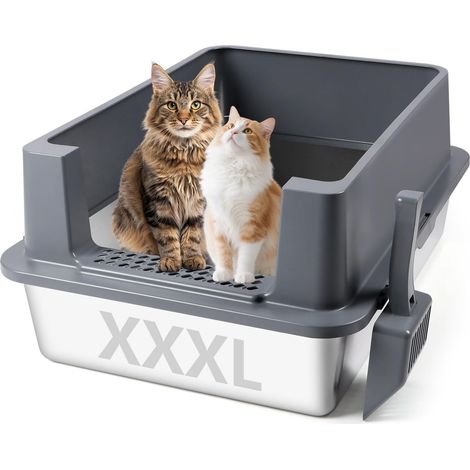 Stainless Steel Cat Litter Tray, XXL Tall Metal Cat Litter Tray with Scoop, Waterproof, Easy to Clean, for Large Cats/Multiple Cats (Dark Grey) (1/5)
