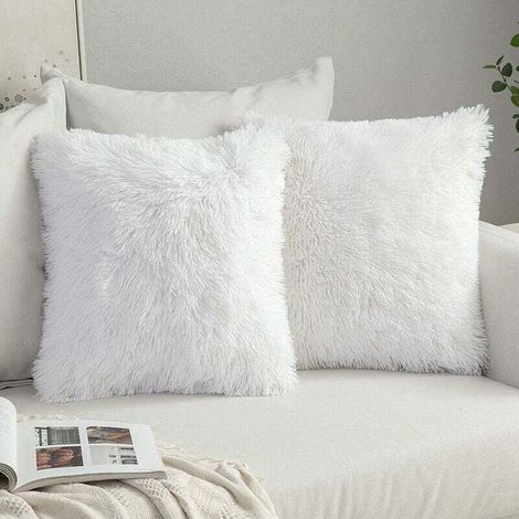 Lot de 2 Housses de Coussin en Fourrure Luxe pour Canapé Chambre Lit Taies d'Oreiller Décoratives Peluche Douce 40x40cm Blanc-KZQ