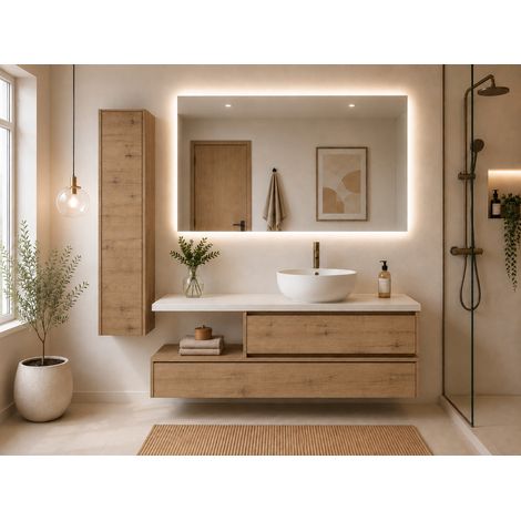 Conjunto mueble de baño MENORCA sin espejo 2 modulos de 60 y 120 cm y una encimera de 120 cm con lavabo y columna (1/5)