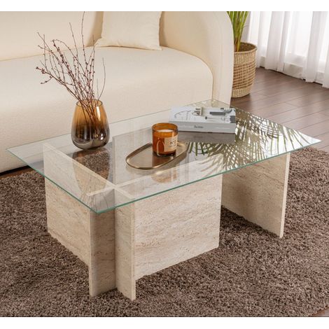 Rechteckig modern Couchtisch Vetroni Travertin-Look – Glas – 105