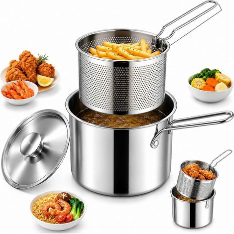 Mini friteuse individuelle 2 pièces en acier inoxydable 304 avec panier amovible et pinces alimentaires pour petites quantités (1/5)