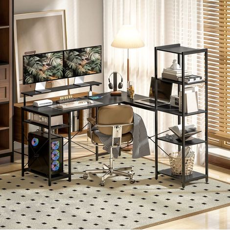 Eckschreibtisch mit Ladestation, Monitorständer, Schwarz OKMYHOME (1/5)