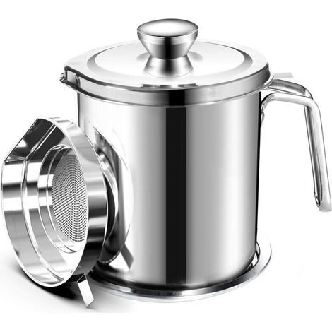Oil Pot for grease storage in stainless steel with a 2-liter container, dustproof lid for fine mesh sieve, and non-slip plate for frying oil storage. (1/5)