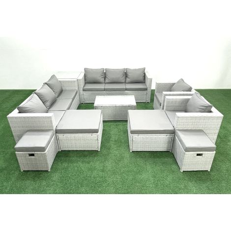 Fimous 10 Stücke Rattan Gartenmöbel Set Garten Sofa Stuhl Couchtisch Set mit 4 Hockern Beistelltisch Hellgrau gemischt (1/5)