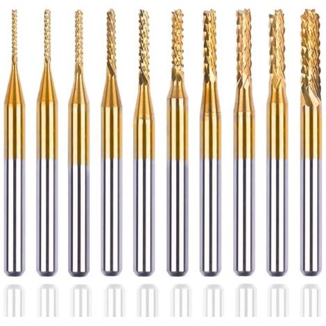 Sollbry Jeu de 10Pcs Fraise de Gravure en Bout, 3mm Tige Fraises Rotatives Bavures CNC Fraise Titane Foret Fraisage 0.8-3.175mm au Carbure de Tungstène pour Machine de Gravure PCB CNC (1/5)
