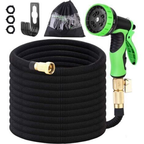 Tuyau d'arrosage extensible vert – 7,6 m (25 pieds) avec pistolet d'arrosage à 10 jets et raccords en laiton massif