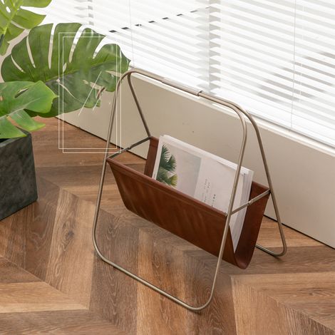 Porte-revues nordique en acier inoxydable et cuir, étagère de rangement sur pied, organiseur de magazines pour la maison, étagère pour journaux et périodiques. (1/5)