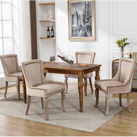 Esszimmerstuhl beige aus Samt mit Massivholzgestell, H 91 cm (1/5)