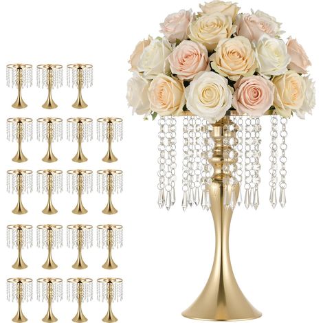 Vase de Mariage Métal Lot de 20 Vase de Centre de Table Hauteur 33,5 cm Support pour Compositions Florales, Banquets, Fêtes, Décoration Intérieure, avec Pendentifs Cristal, Forme Sirène, Doré (1/5)