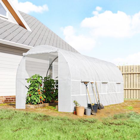 Serre tunnel de jardin 9m². serre de jardin tunnel avec porte et 6 fenêtres. bâche PE 140 g/m² 445 x 200 x 200 cm blanc