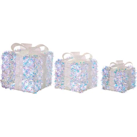 Lot de 3 Boîtes-cadeaux avec Lumières LED Blanc Finition Pailletée et Nœuds Décorations de Noël Intérieur Multicolore Hallangen