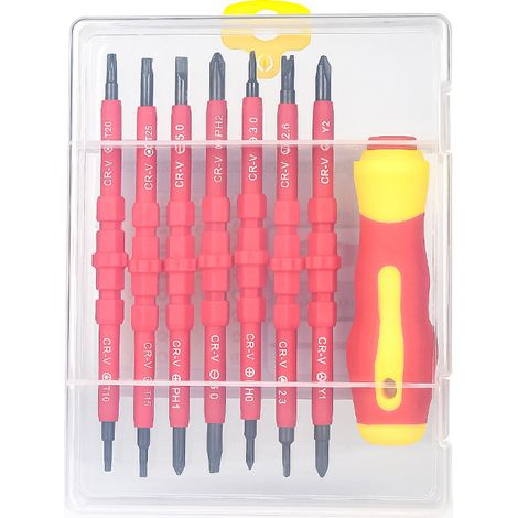 Kit Tournevis Isolant 15 en 1, Manche Ergonomique avec 7 Embouts Double Extrémité en Acier CR-V, Boîtier Plastique Transparent 19,8×14,5×3,8cm (1/4)