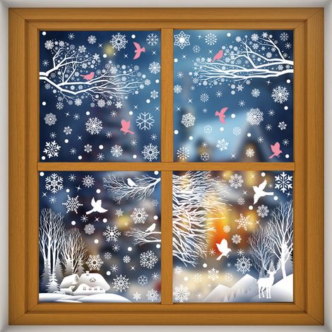 Autocollants pour fenêtre flocons de neige blancs et branches d'arbre, autocollants scène de forêt enneigée avec colibris, décorations de Noël hivernales, décorations de fenêtre statiques, anti-collis