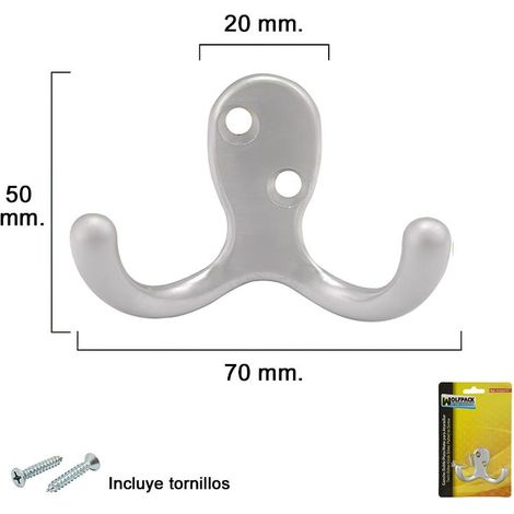 Gancho Doble Plata Mate Para Atornillar con tornillos incluidos.