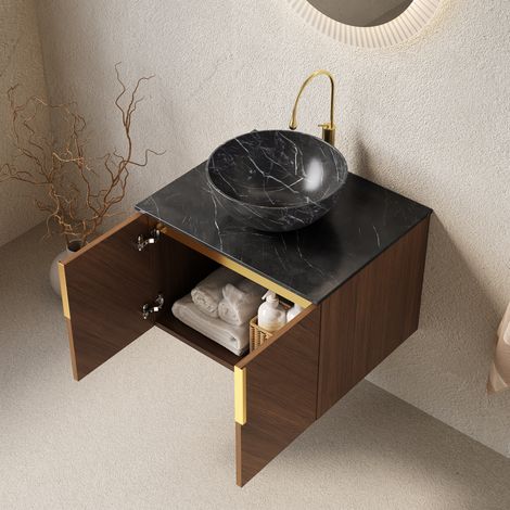 Mueble de baño con lavabo suspendido 61 cm moderno, roble marrón, 2 puertas cierre suave, encimera negra de piedra sinterizada (1/5)