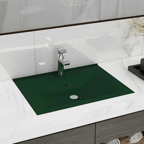 Lavabo de luxe avec trou de robinetterie, vert foncé mat, 60 x 46 cm, céramique