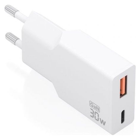 Cargador de Pared GaN Aisens A110-1002/ 1xUSB Tipo-C/ 1xUSB/ 30W/ Blanco