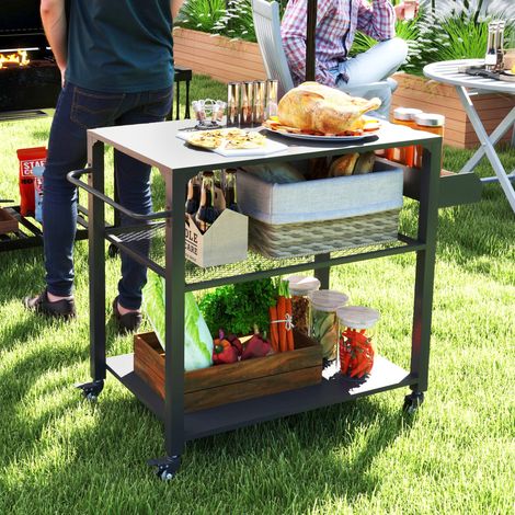 Isola cucina da esterno, carrello per barbecue con ripiano portaoggetti, maniglia, 4 ruote, carrello da cucina, patio, giardino, metallo, nero