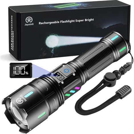 Linterna LED Jayxinli ultra potente de 1.000.000 de lúmenes: recargable con batería de 5000 mAh, pantalla LCD de nivel de batería, 5 modos, zoom, resistente al agua IP67 para acampar y aventuras al ai (1/5)