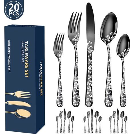 Ménagère 20 pièces en acier inoxydable, service de table, service de table pour 4 personnes, couverts, couverts noirs, acier inoxydable (1/5)
