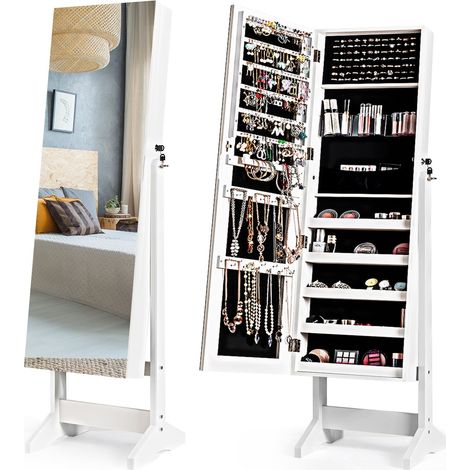 COSTWAY Jewelry Cabinet Free Standing Jewelry Armoire w/Full-Length Mirror-White (1/5)