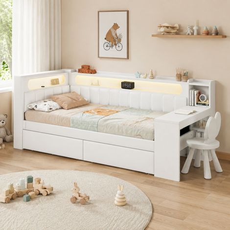 Letto bianco 90x200 cm MEUBLIV con scrivania, LED e USB, senza materasso (1/5)