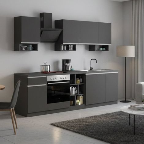 Dmora - Cucina completa Attimis, Set con dispensa, Mobile per cucinotto, Kit blocco lineare, 100% Made in Italy, 255x60h85 cm, Antracite e Ardesia