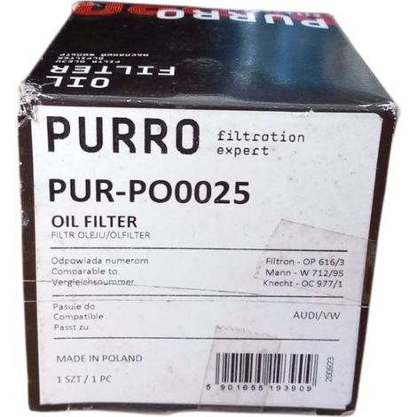 Filtro olio purro pur-po0025  ph11457  op616/3  wl7503  2357500  ft6087