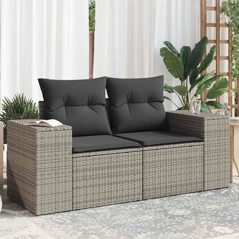 vidaXL Sofá de jardín con cojines 2 plazas ratán sintético gris (1/5)
