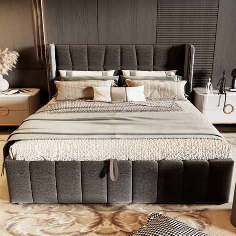 Lit capitonné 180x200 cm, lit double avec sommier, dossier, système de rangement pneumatique, cadre en lin pour adulte et adolescent, gris, design confortable (1/5)