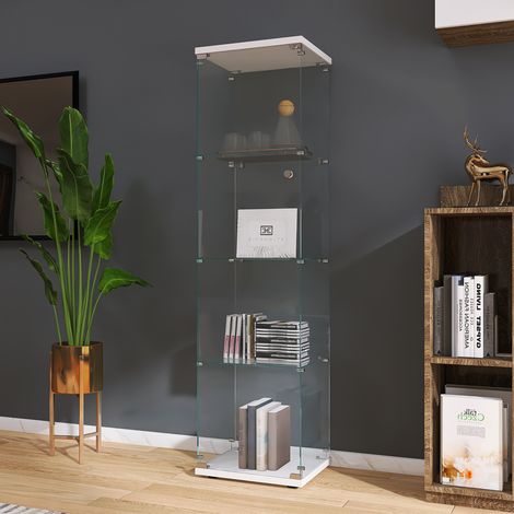 Vitrine en verre, Vitrine, vitrine d’exposition 1 porte en verre trempé, meuble vitrine 4 niveaux 164 x 42,5 x 36,5 cm, armoire de rangement pour salon, Blanc