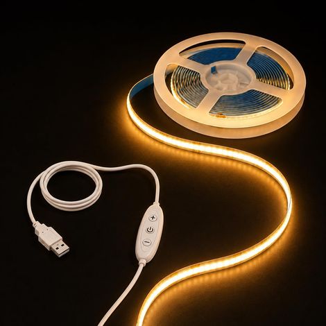 Ruban LED COB 2M Blanc Chaud 2700K, 5V Bande LED Alimenté par USB avec Gradateur, 8 mm de Large, 320LEDs/M, Bandeau Lumineuse LED Flexible pour Chambre, TV Rétroéclairage, Éclairage Maison DIY (1/5)