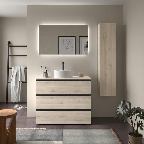 Meuble de salle de bain BEQUIA METAL 3C 100cm Naturel Vasque à poser Porcelaine Centrale (1/5)